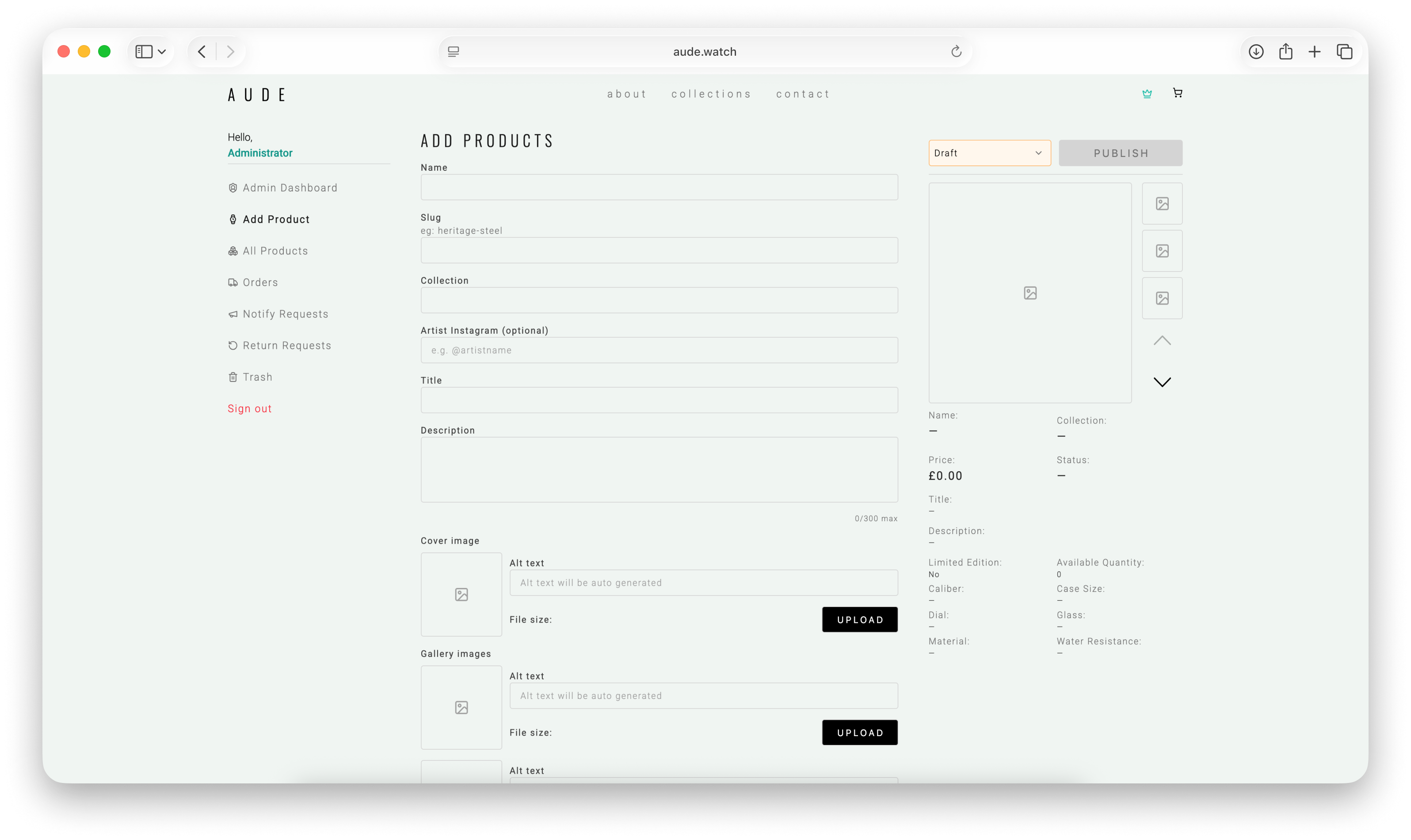 AUDE admin add-product form with publishing state, image uploads, structured fields, and live product preview