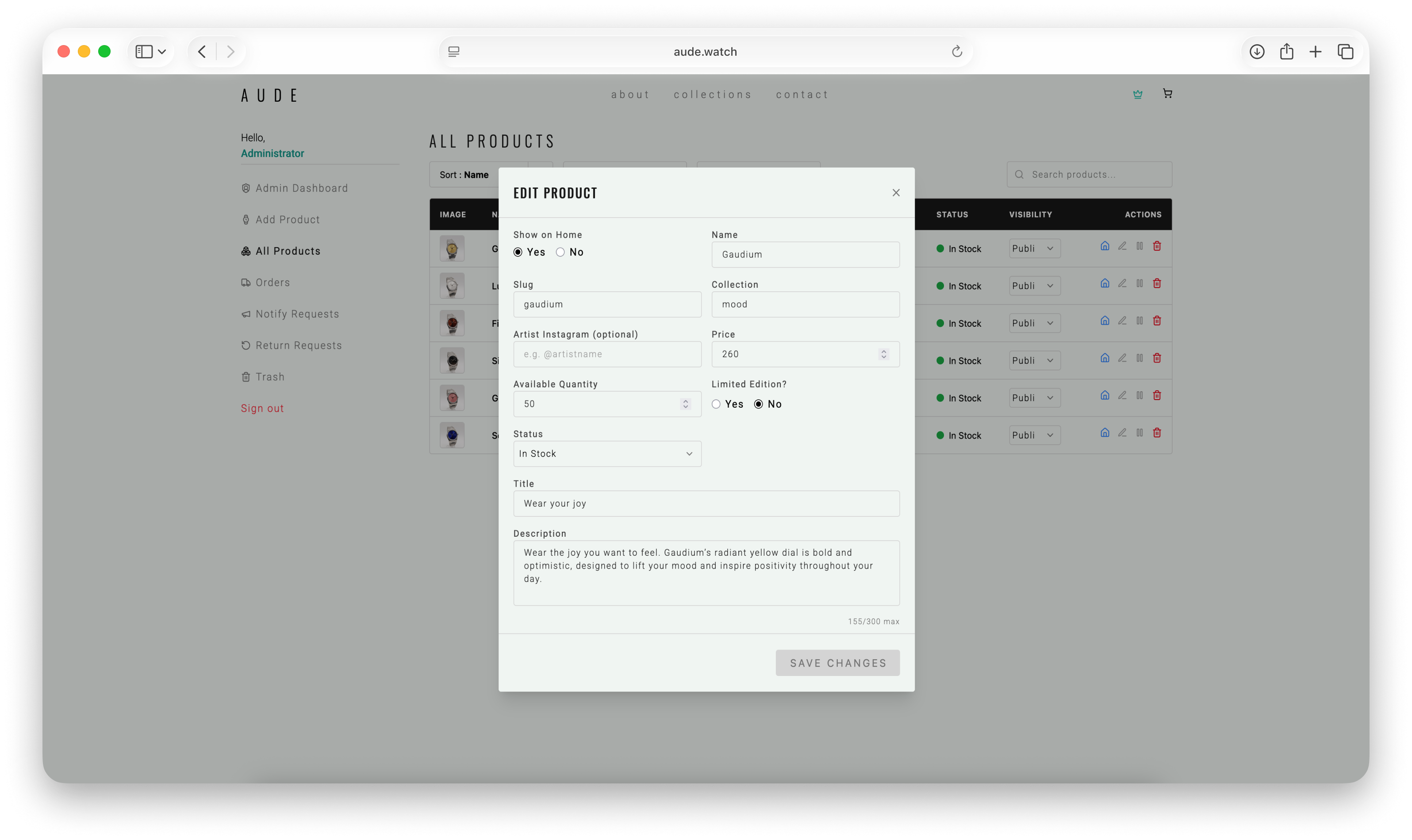 AUDE admin edit-product modal with fields for collection, stock, status, pricing, and product copy