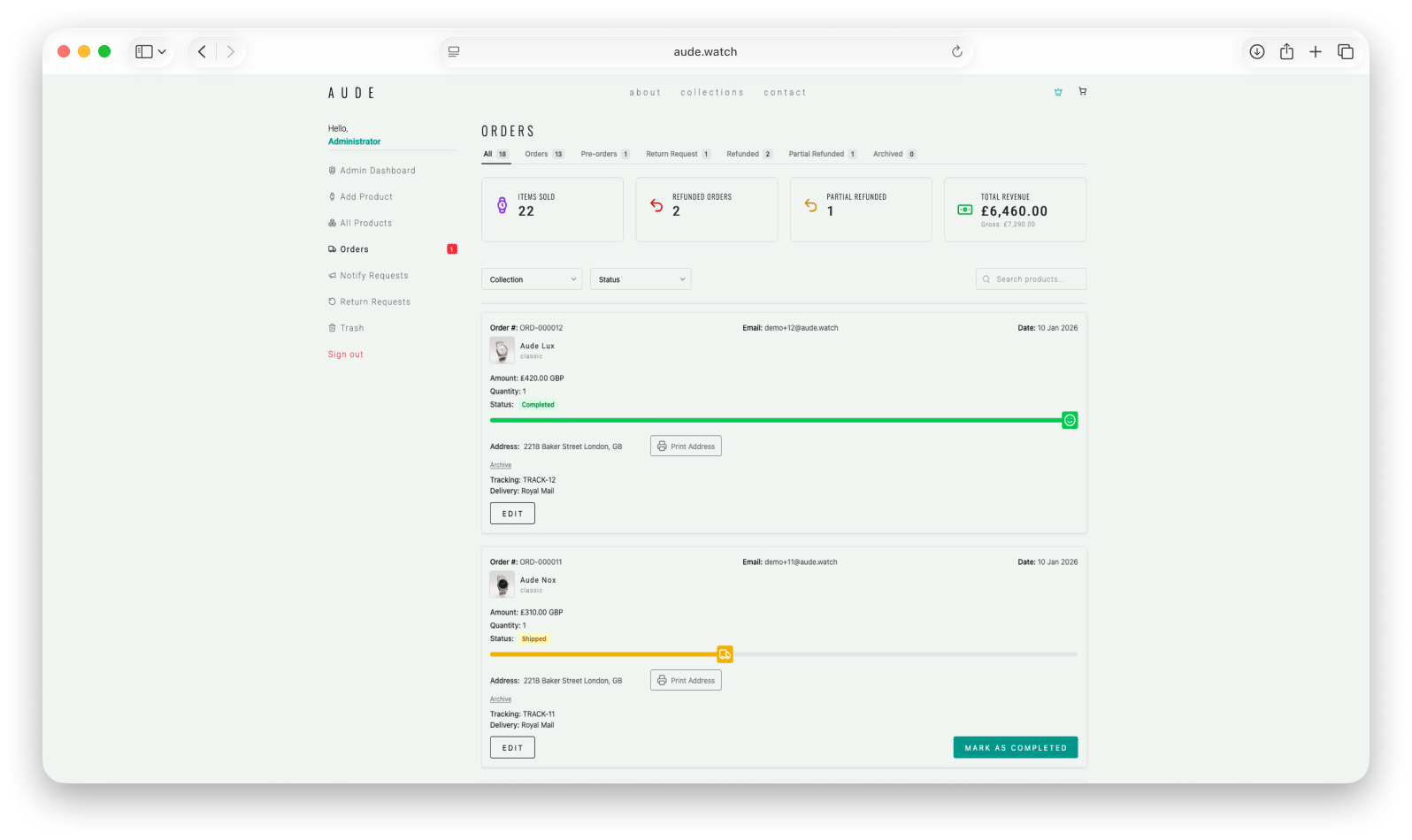 AUDE admin orders screen with fulfilment progress, tracking details, print-address action, and order status cards