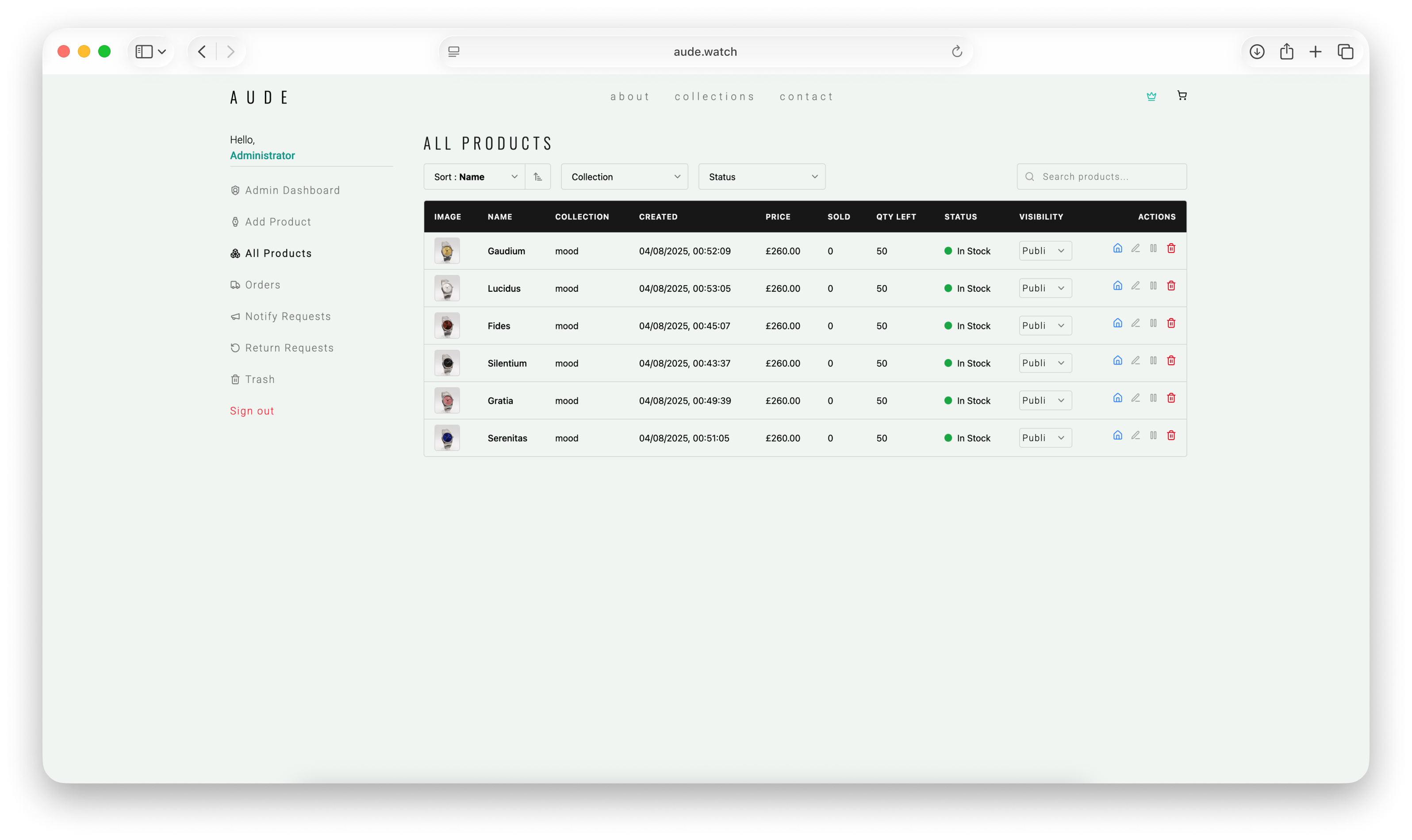 AUDE admin product catalog table with stock status, visibility controls, search, filters, and item actions