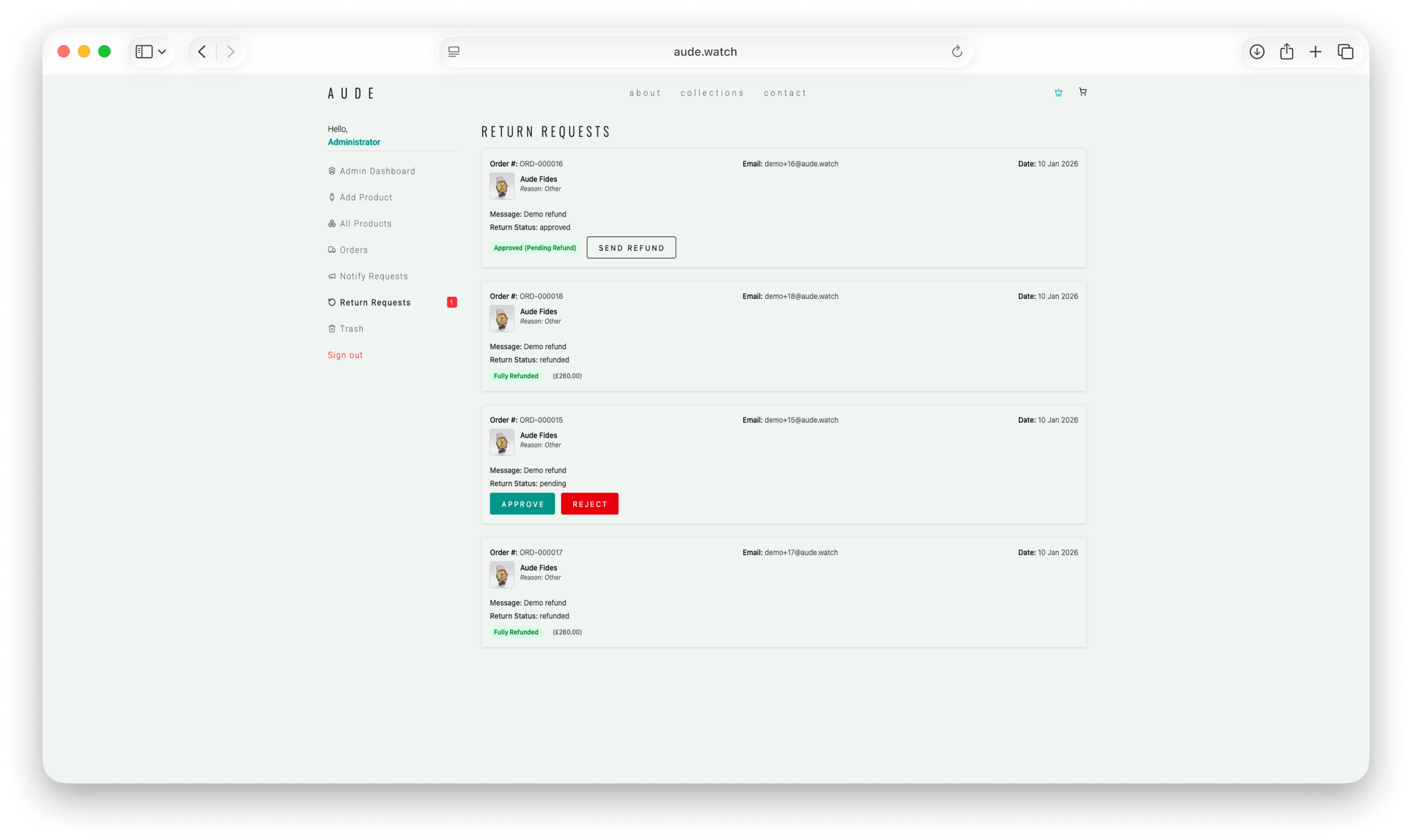 AUDE admin return requests queue with approve, reject, and refund actions for customer cases