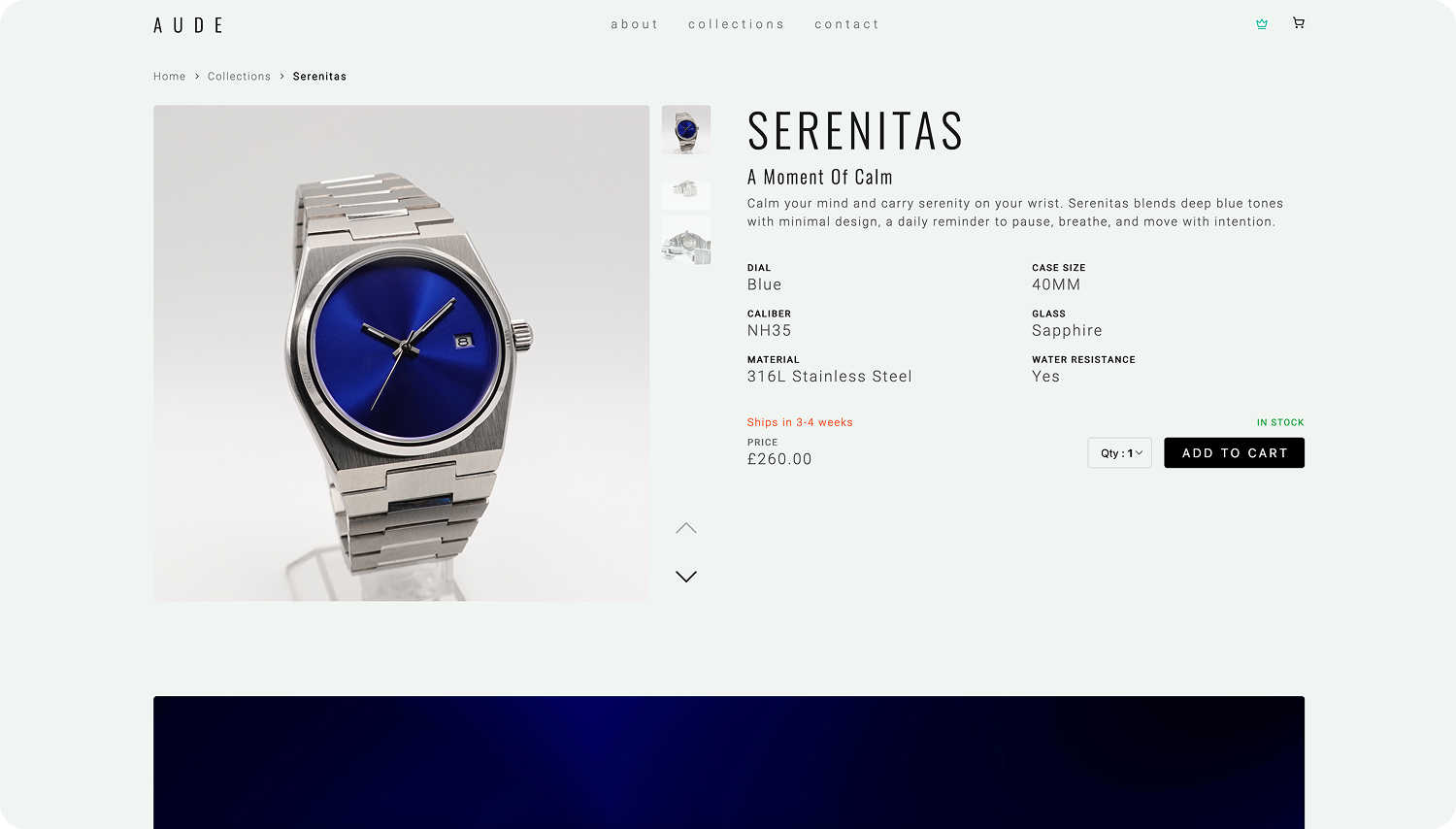 AUDE high-fidelity desktop mockup for the product page with gallery, specifications, and add-to-cart