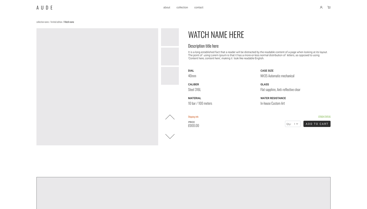 AUDE high-fidelity desktop wireframe for the product detail page