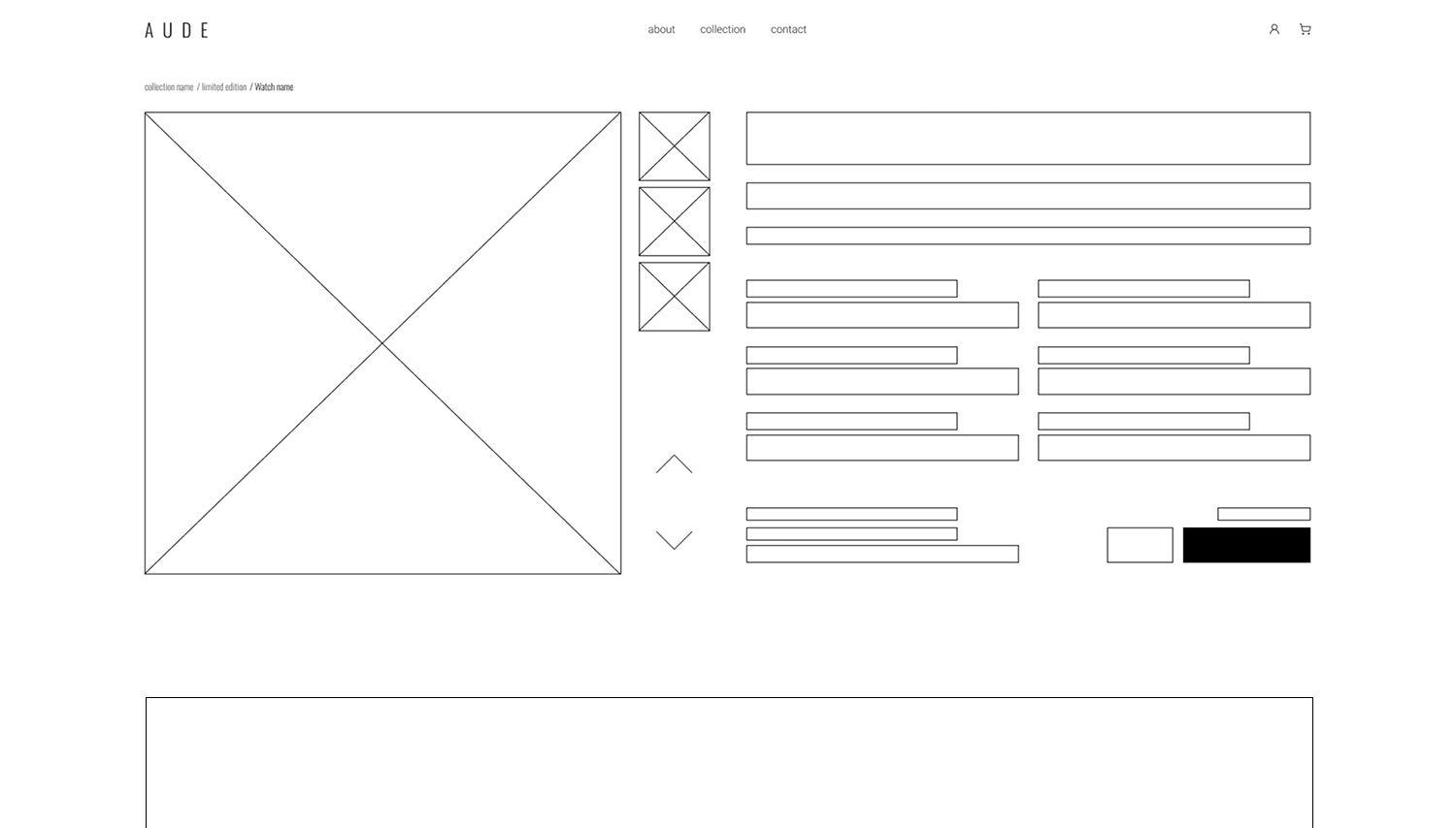 AUDE low-fidelity desktop wireframe for the product detail page