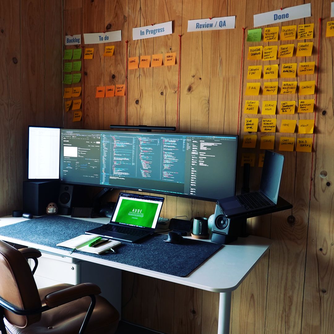 AUDE project Kanban workspace used to map priorities, flows, and implementation stages before design and development