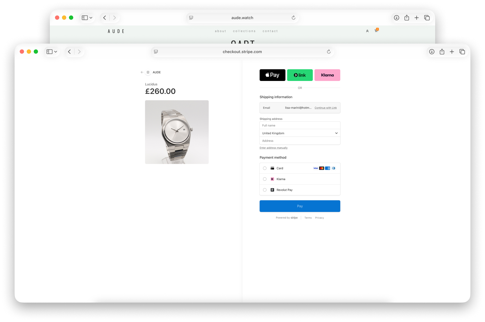 Stripe hosted checkout used for AUDE watch purchases, with shipping details and payment methods