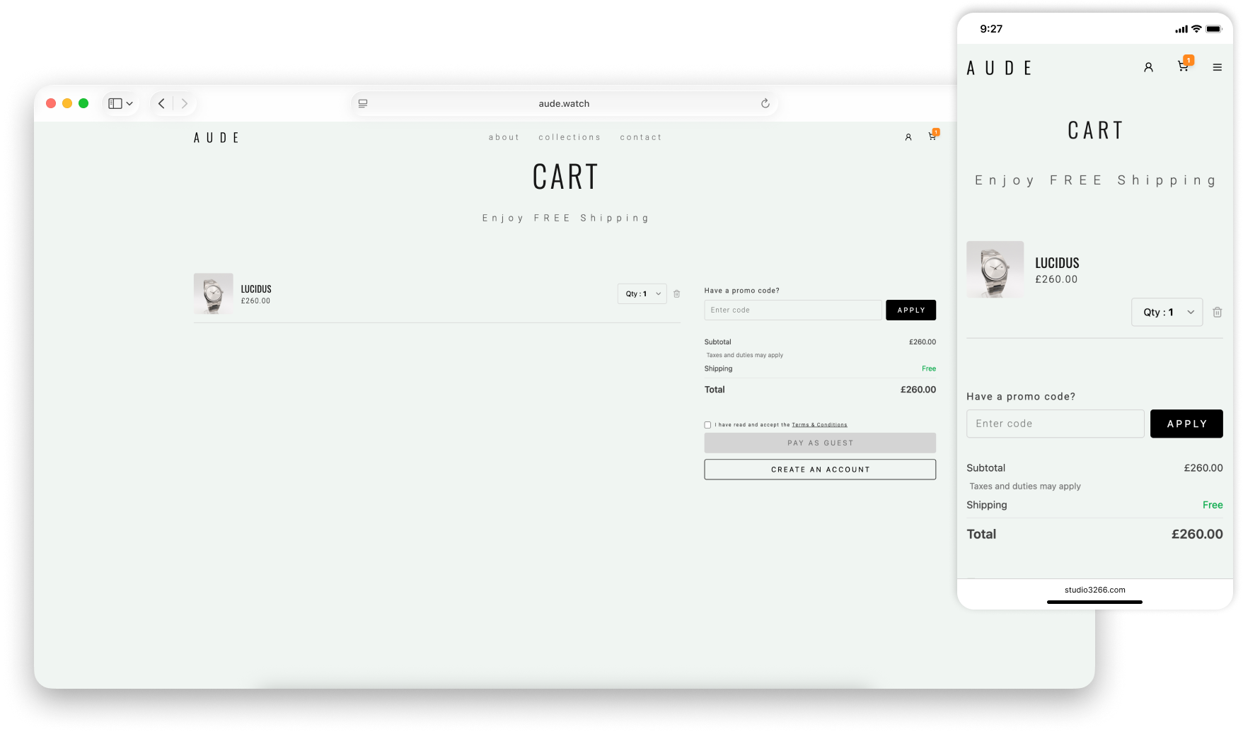 AUDE responsive cart page with order summary, promo code field, and guest checkout options