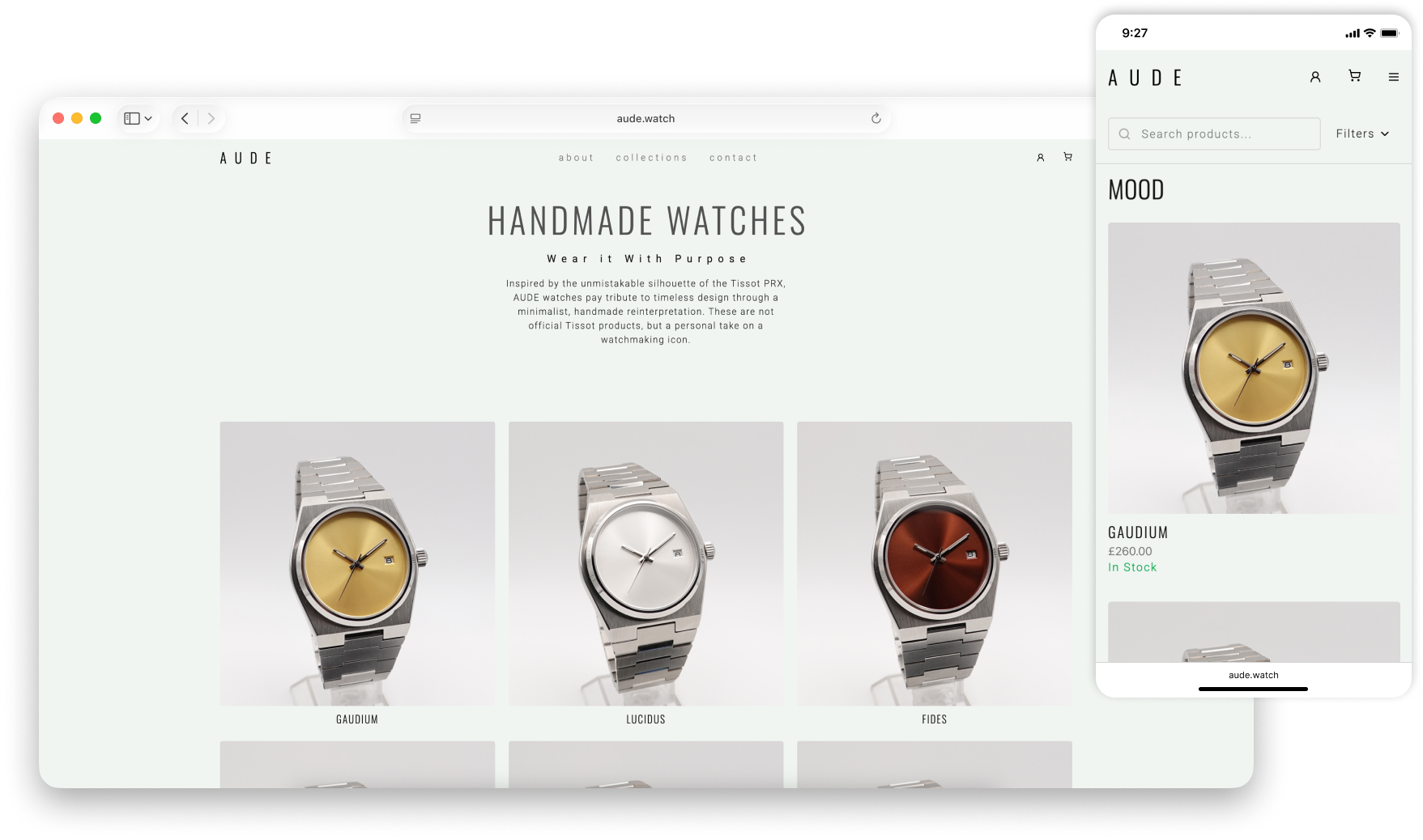 AUDE responsive collection page showing multiple watch models with filters and product cards