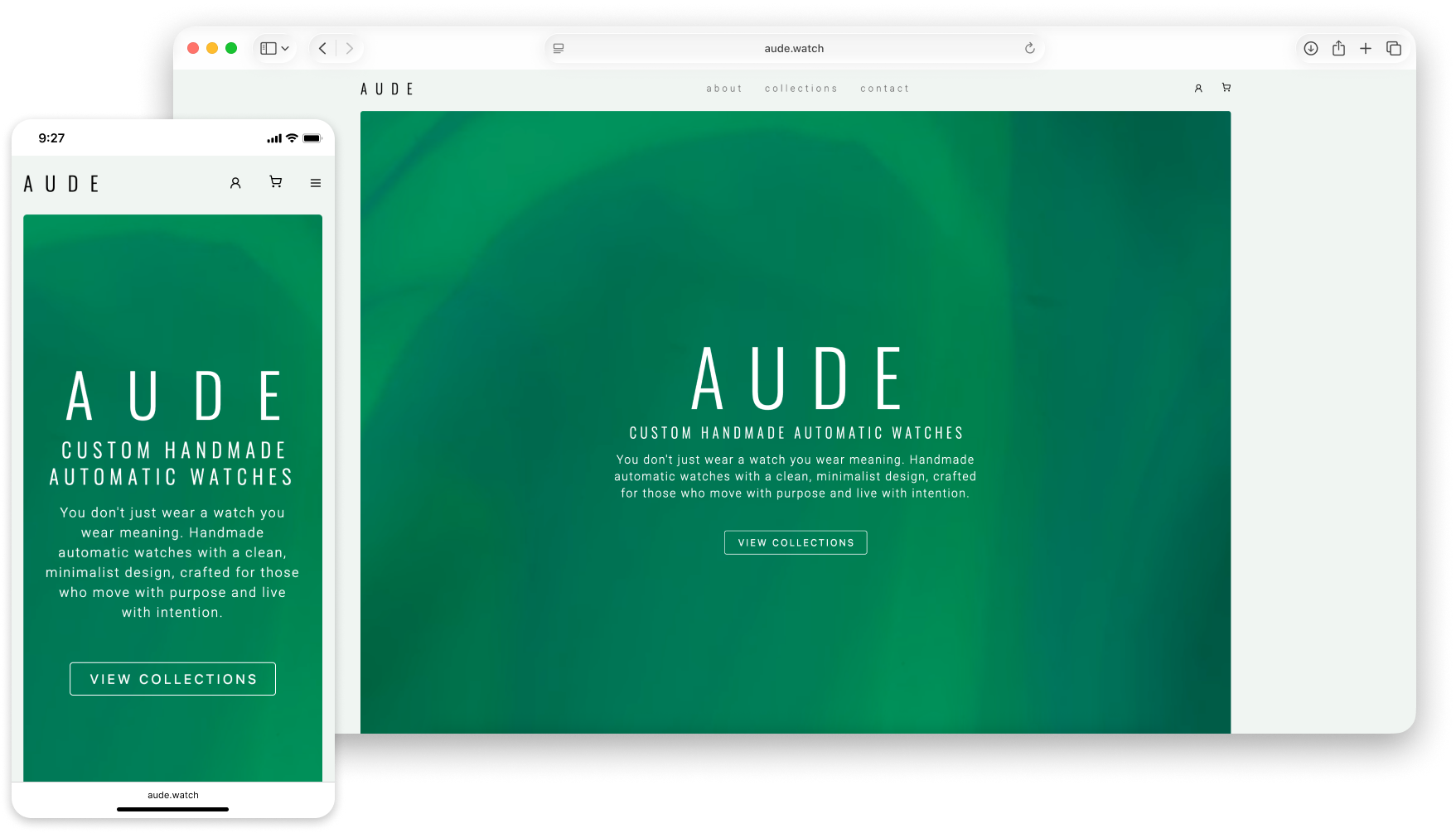 AUDE responsive homepage with hero headline and collections CTA on desktop and mobile
