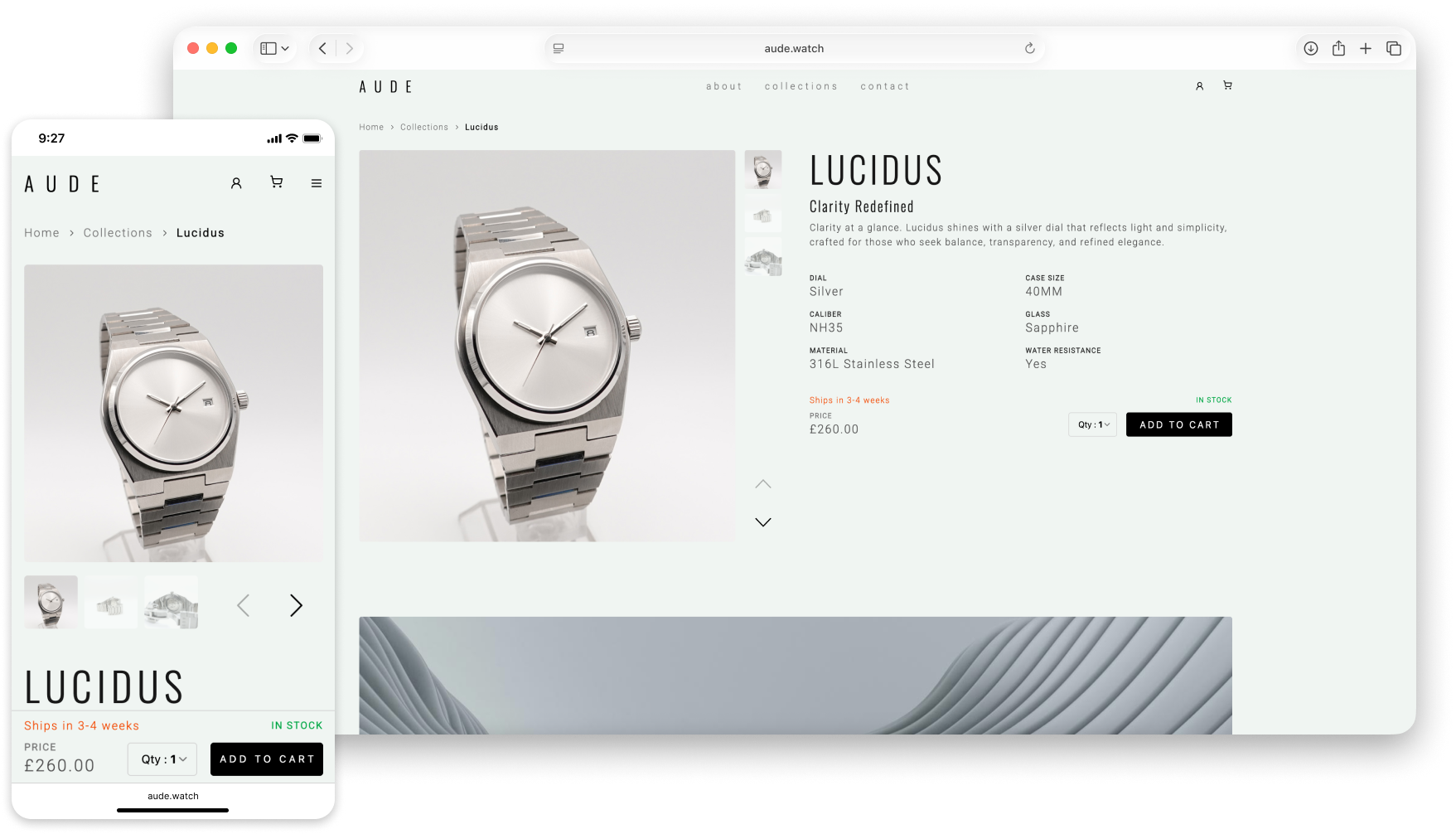 AUDE responsive product page with image gallery, specifications, price, and add-to-cart controls