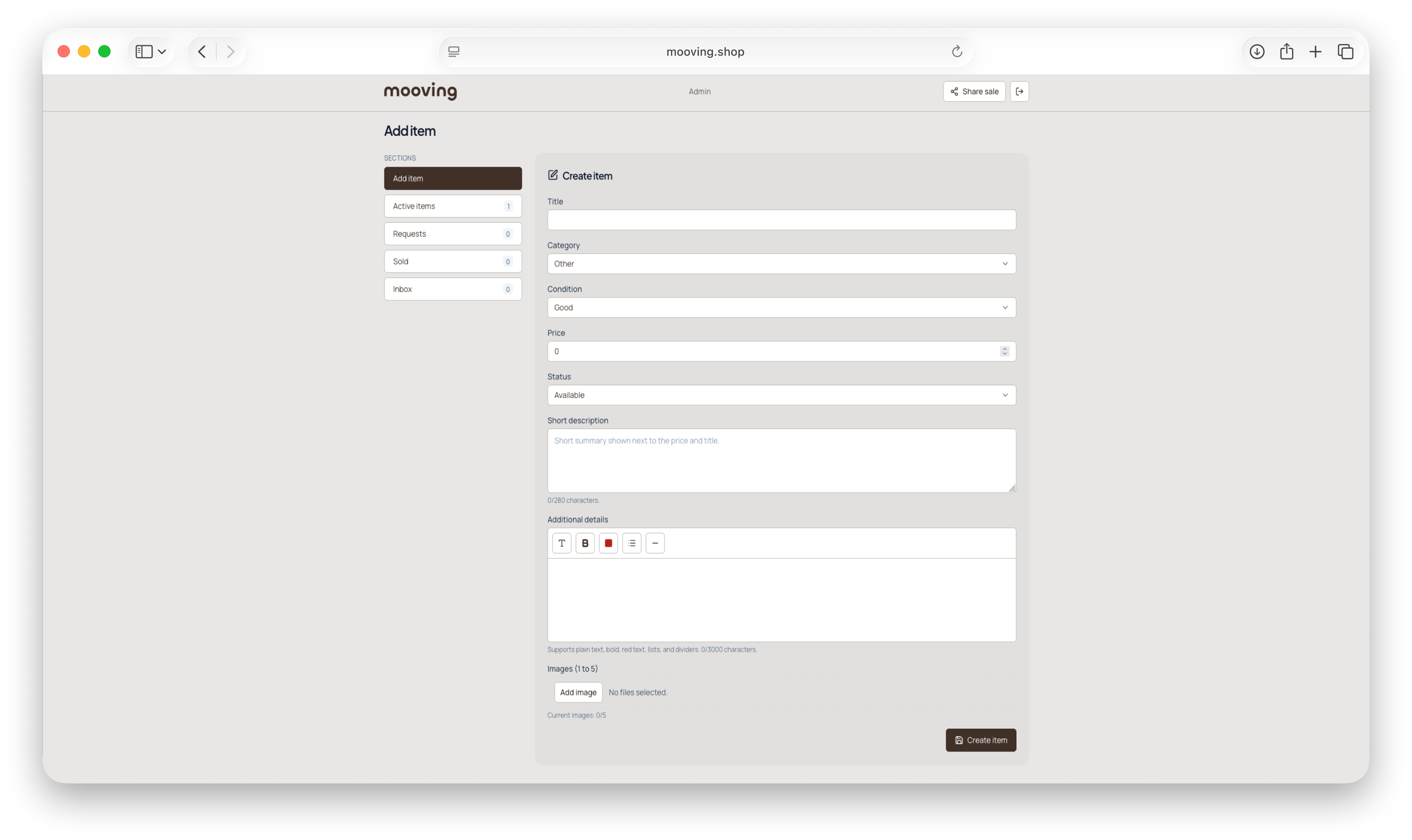 Mooving seller admin add-item form with structured listing fields and image upload