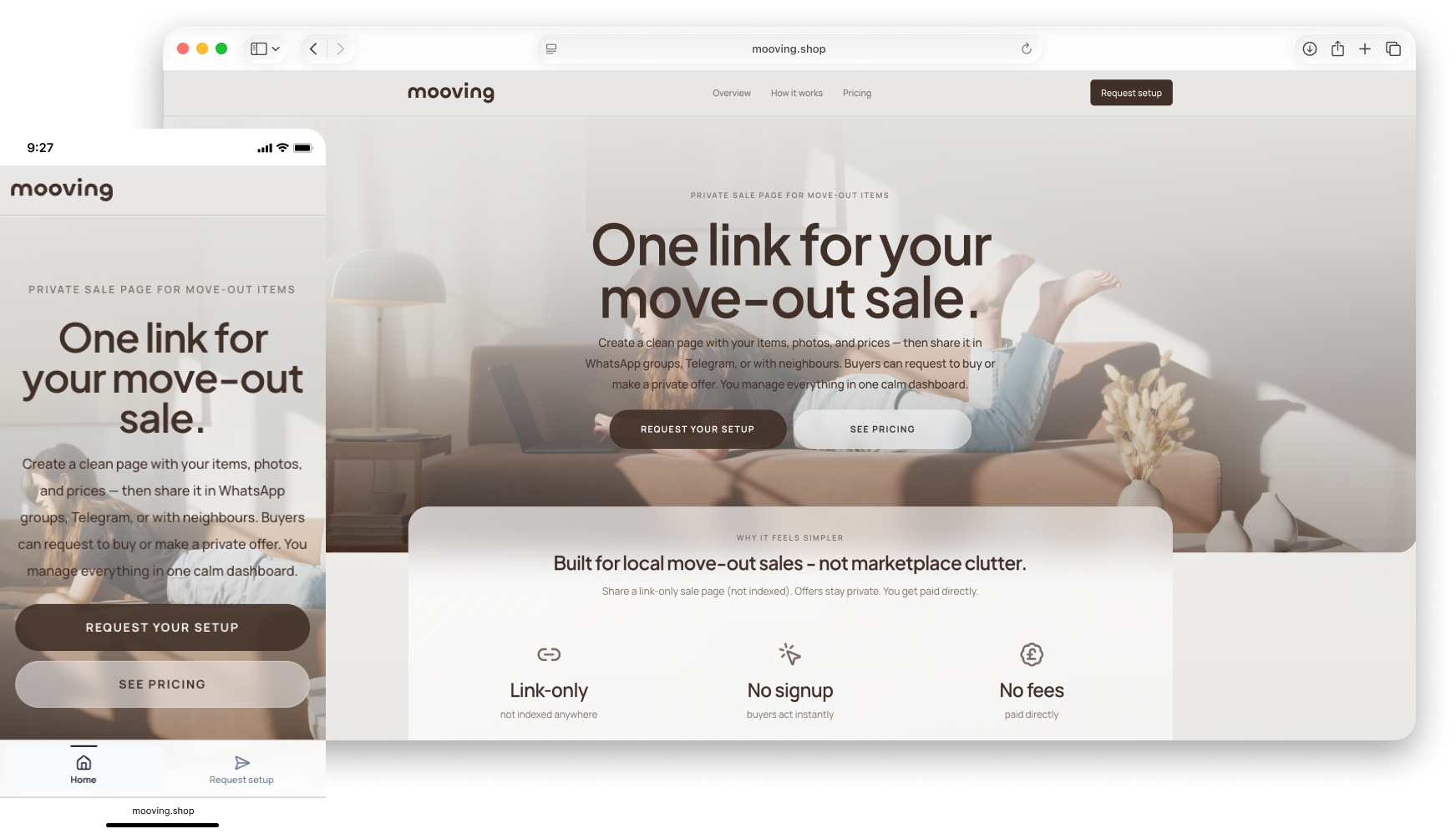 Mooving responsive landing page introducing the private sale product and its core benefits