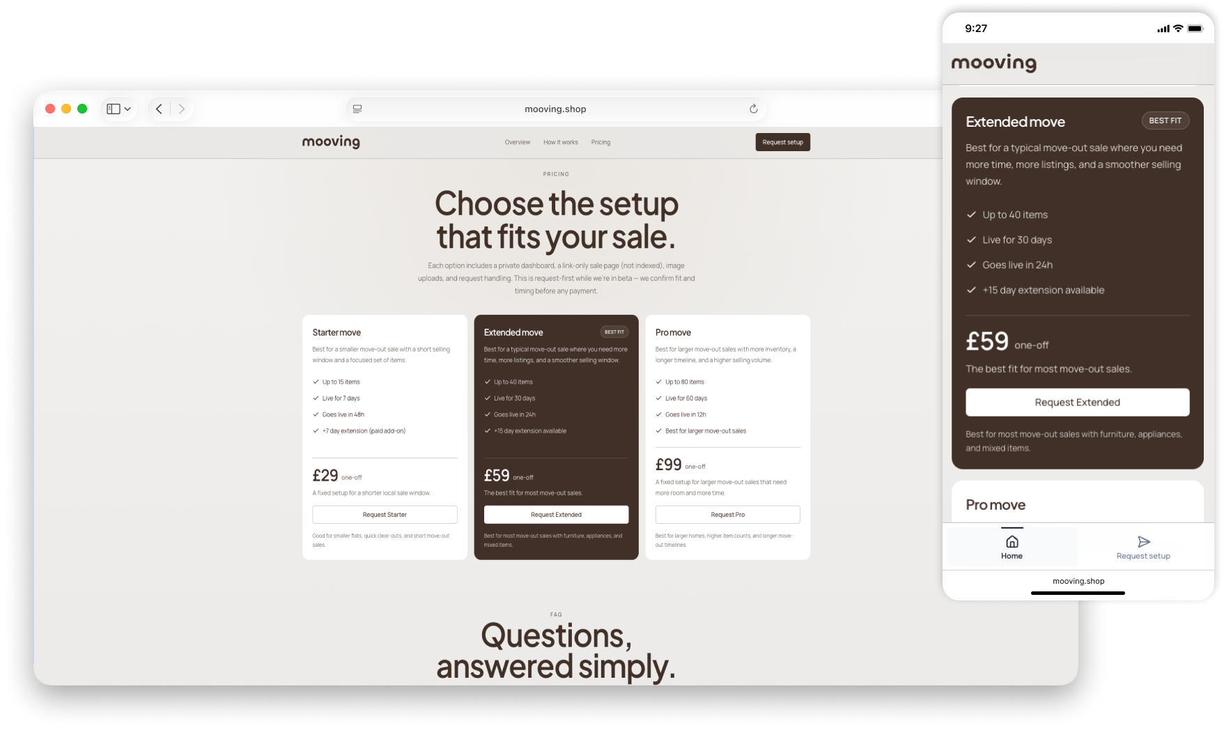 Mooving responsive pricing section presenting setup packages and request-first plans
