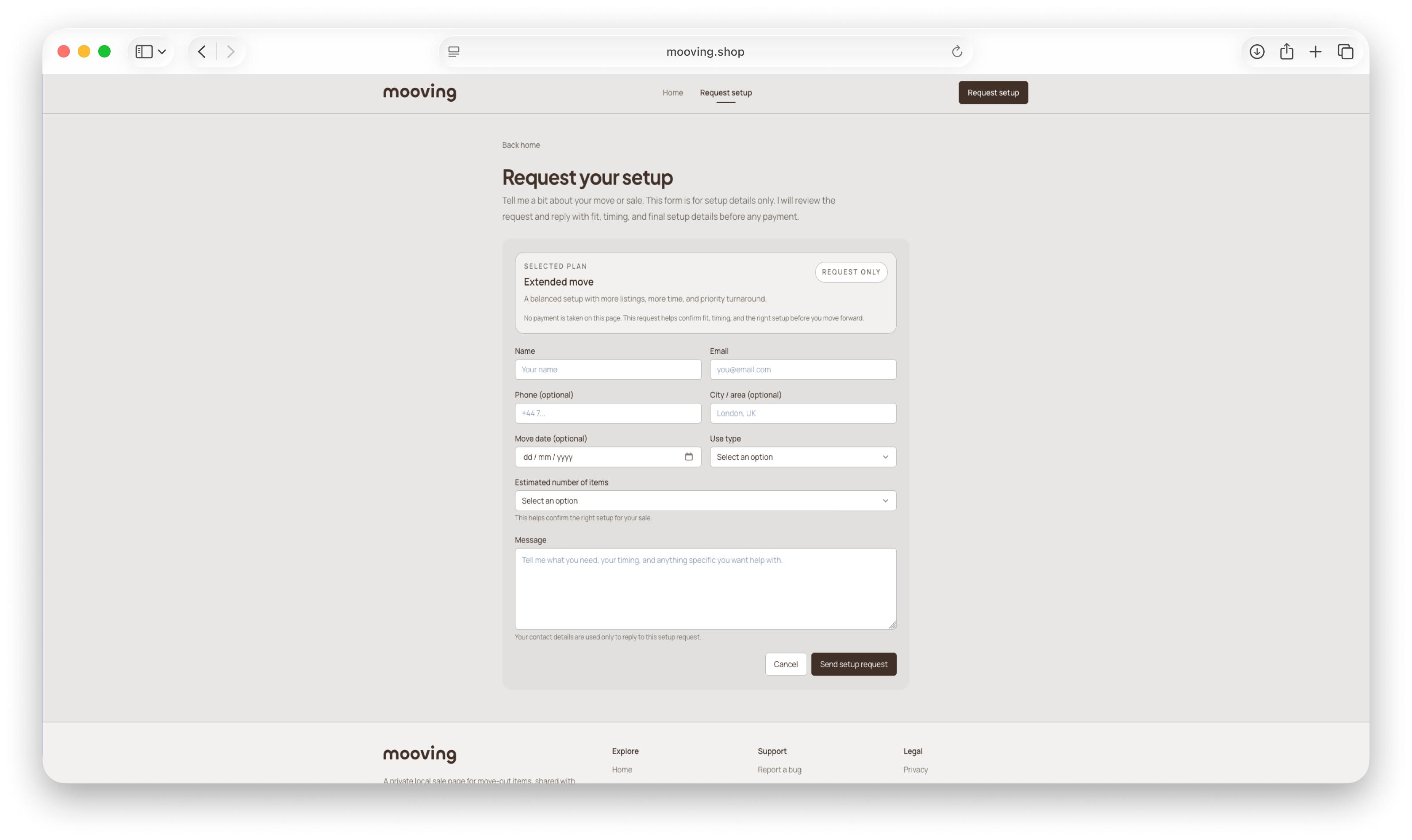 Mooving setup request form with selected plan, move details, item estimate, and seller message fields