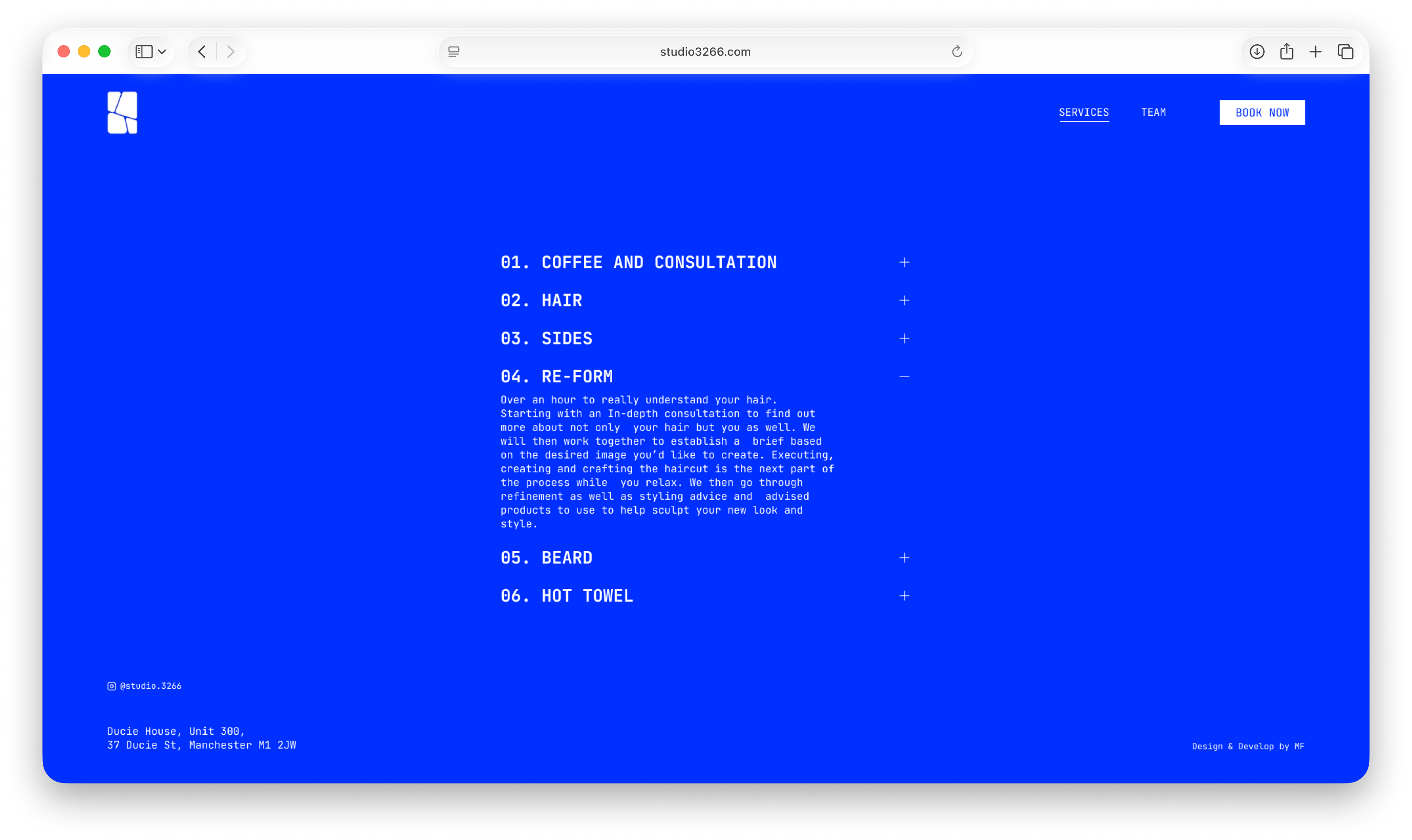 STUDIO3266 services section variant with text-first accordion layout and booking CTA