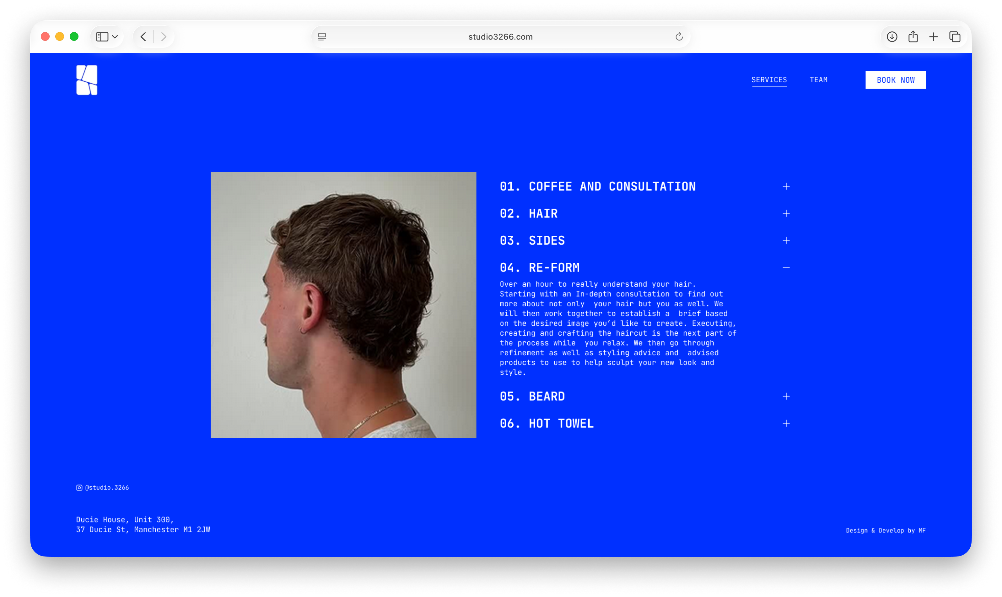 STUDIO3266 services section variant combining a service image, accordion content, and booking CTA
