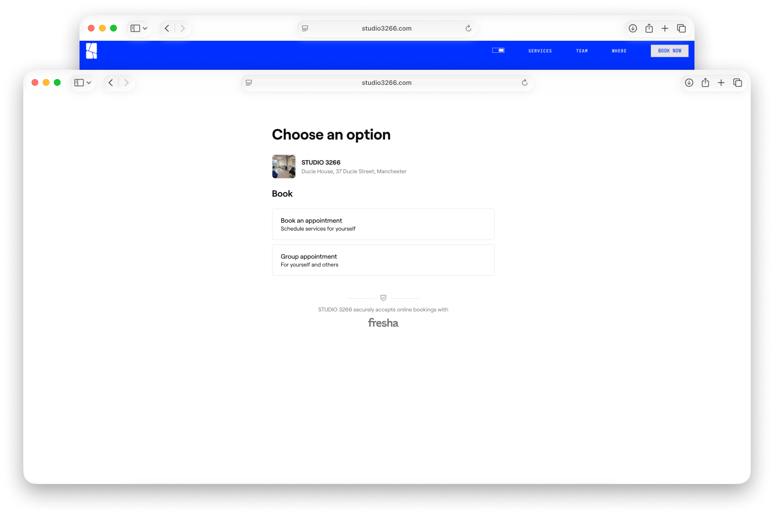 Fresha booking flow launched from the STUDIO3266 website