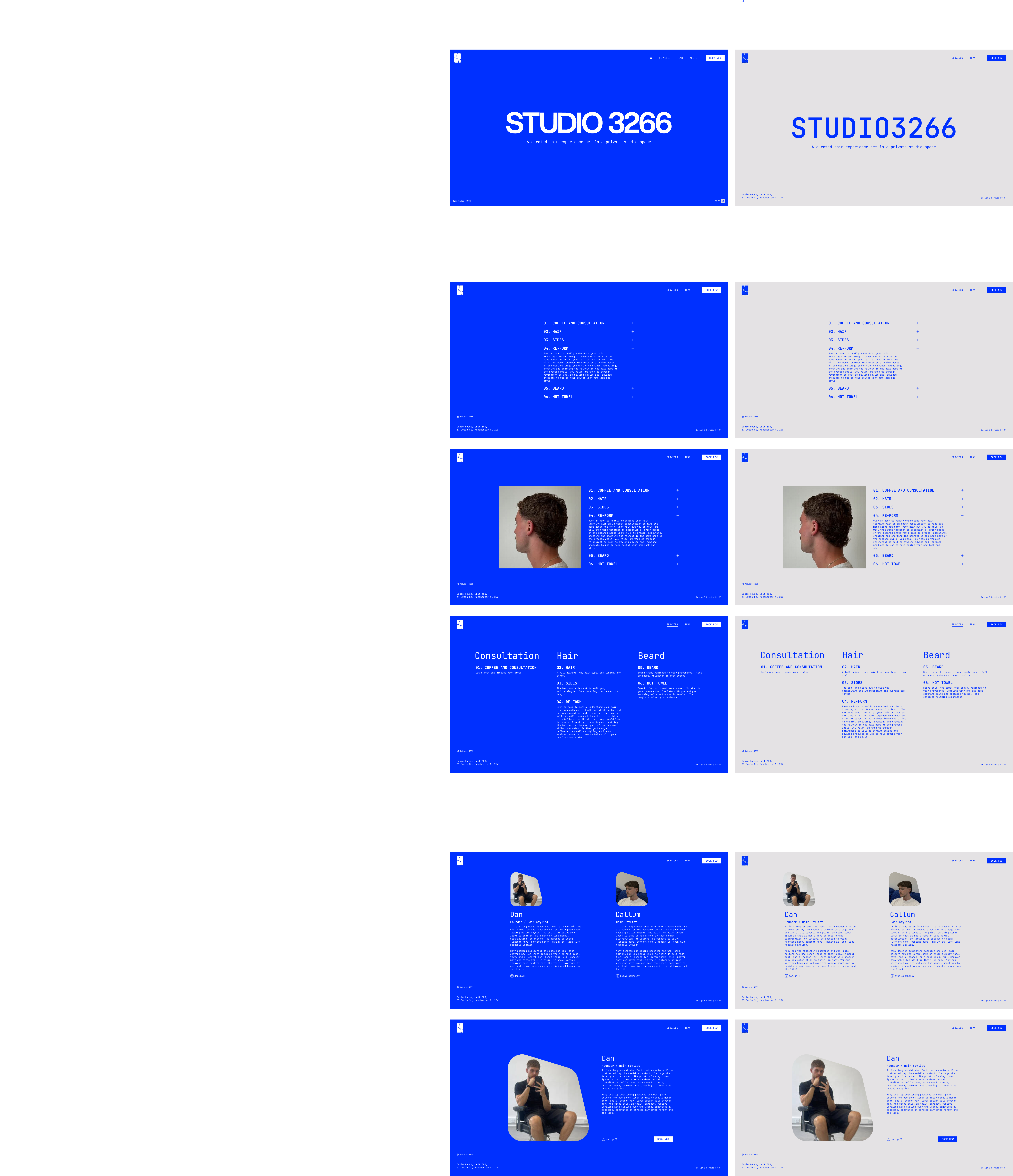 STUDIO3266 Figma exploration board with homepage and services section variations