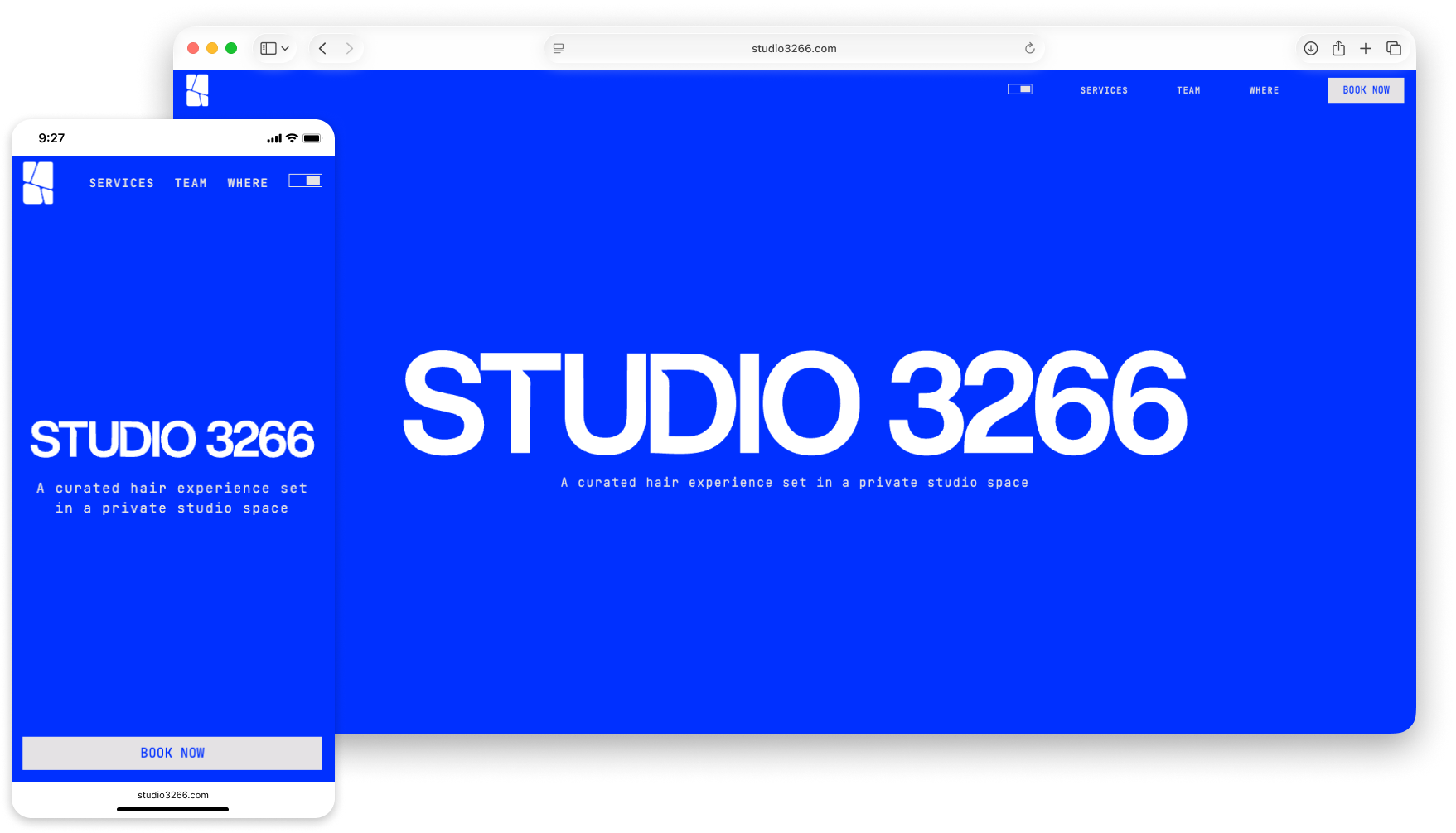 STUDIO3266 responsive homepage in electric blue theme on desktop and mobile