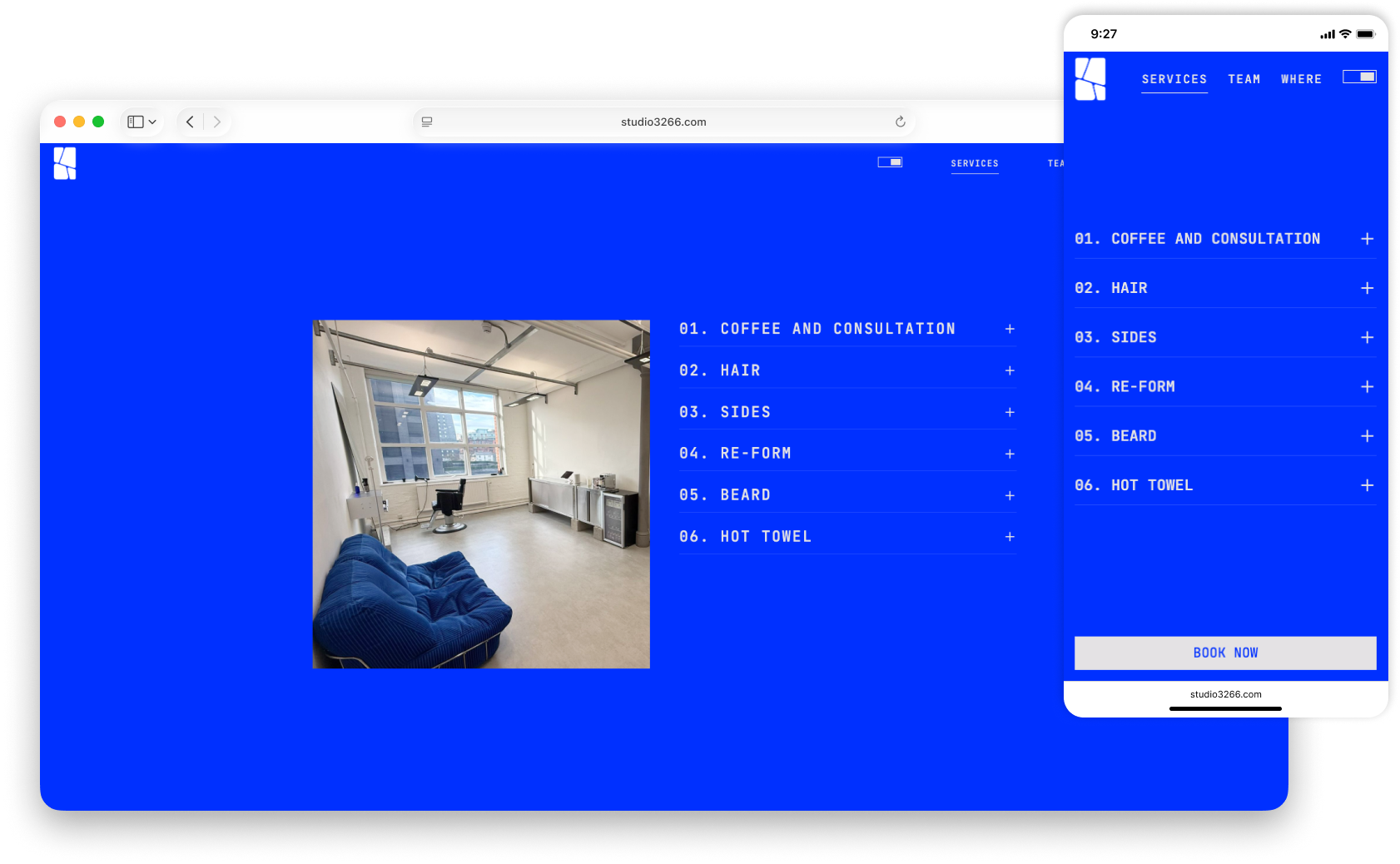STUDIO3266 responsive services section with accordion service list on desktop and mobile