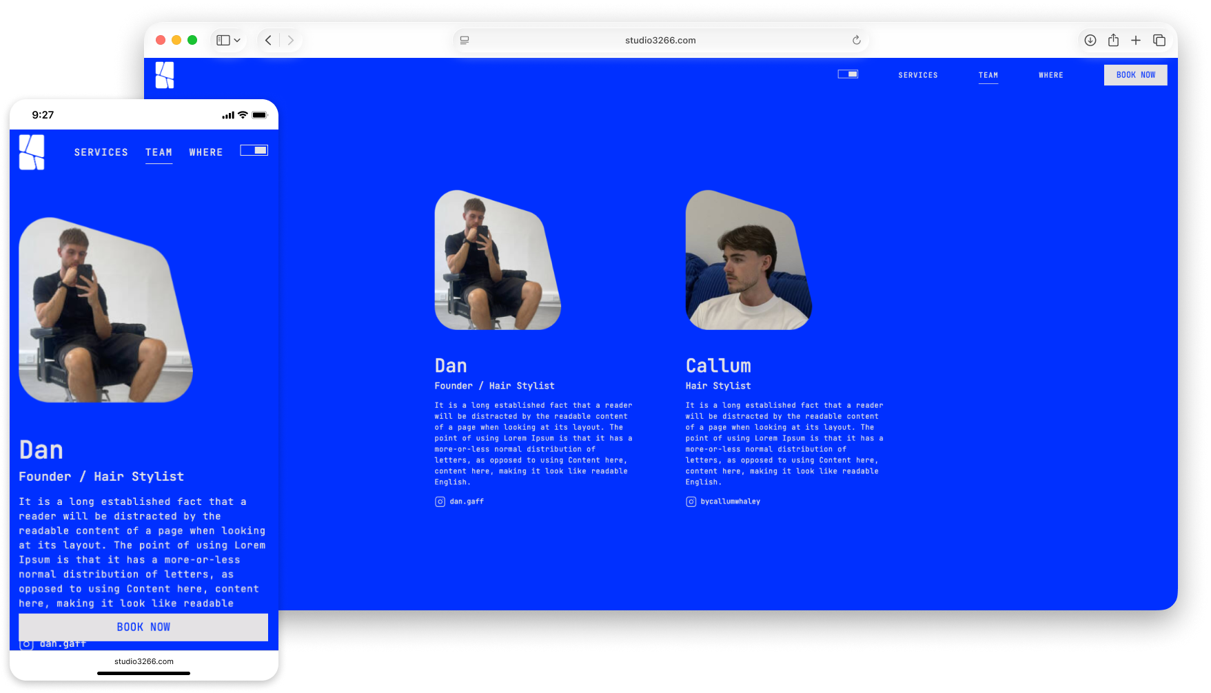 STUDIO3266 responsive team section with stylist profiles on desktop and mobile