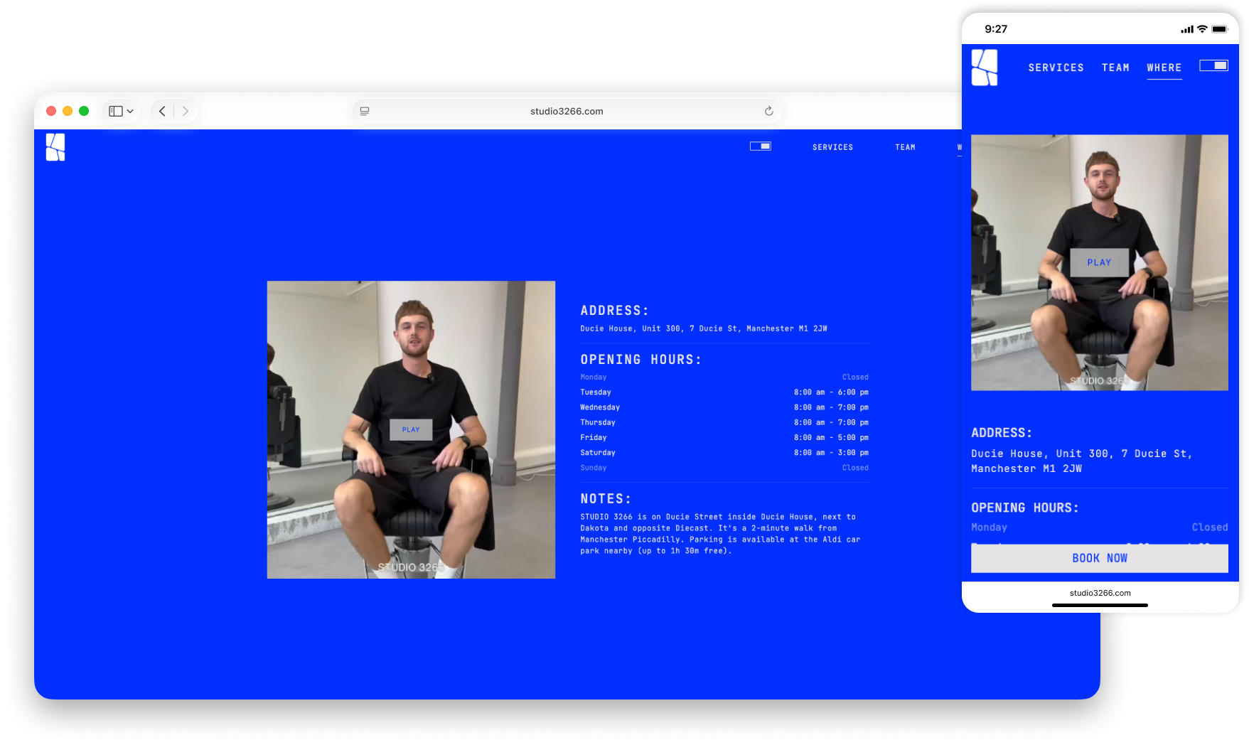 STUDIO3266 responsive location section with studio details and directions on desktop and mobile