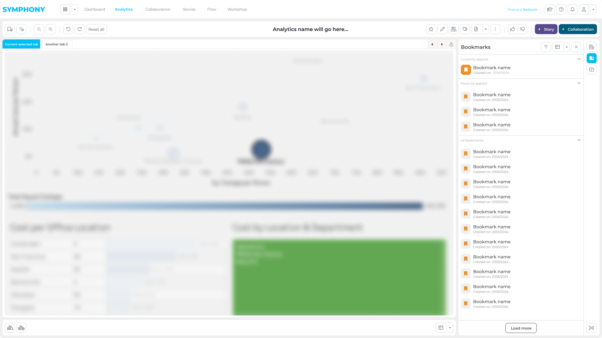 Symphony bookmark panel used to reopen a saved analytics view and restore its investigation context