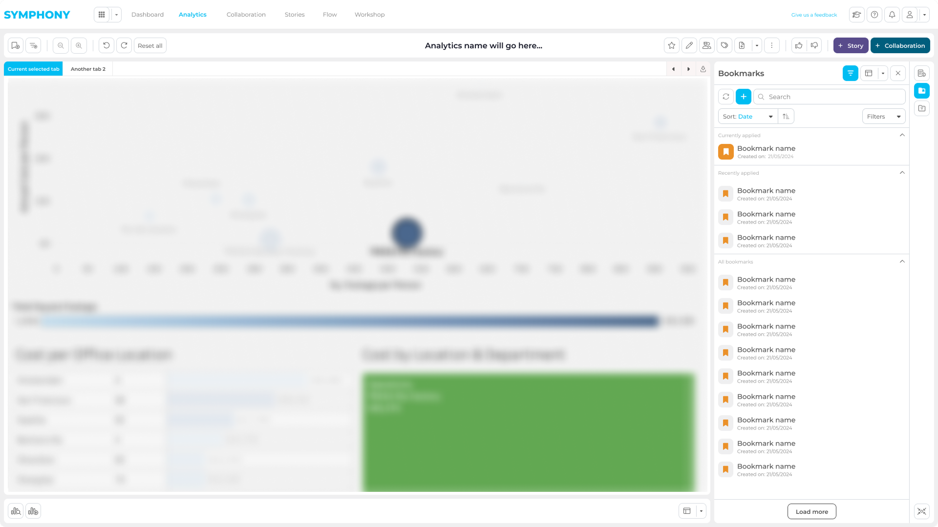 Symphony analytics table filtered through a saved bookmark to keep review states consistent across teams