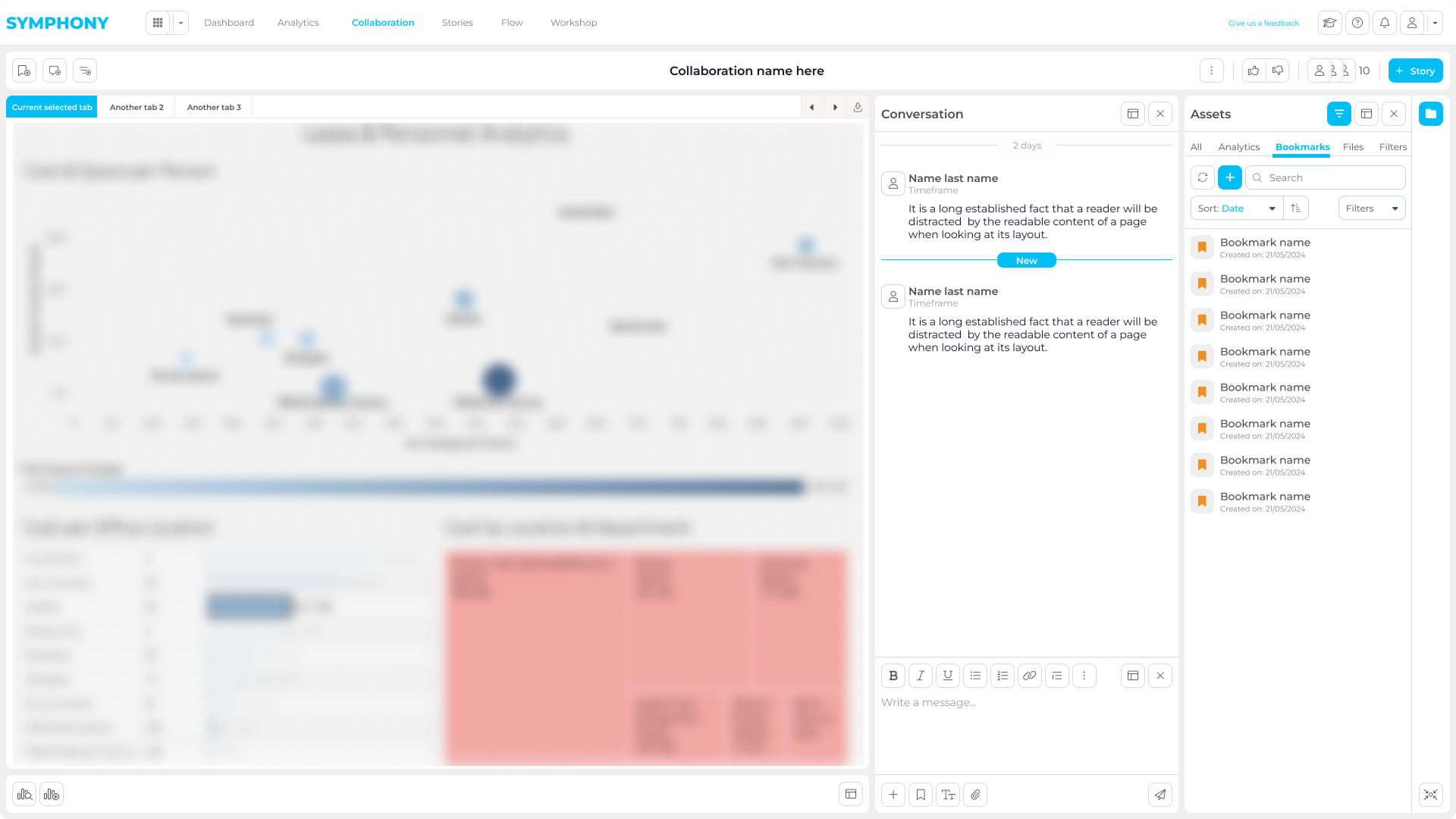 Symphony collaboration workspace showing analytics assets filtered by saved bookmarks for structured review