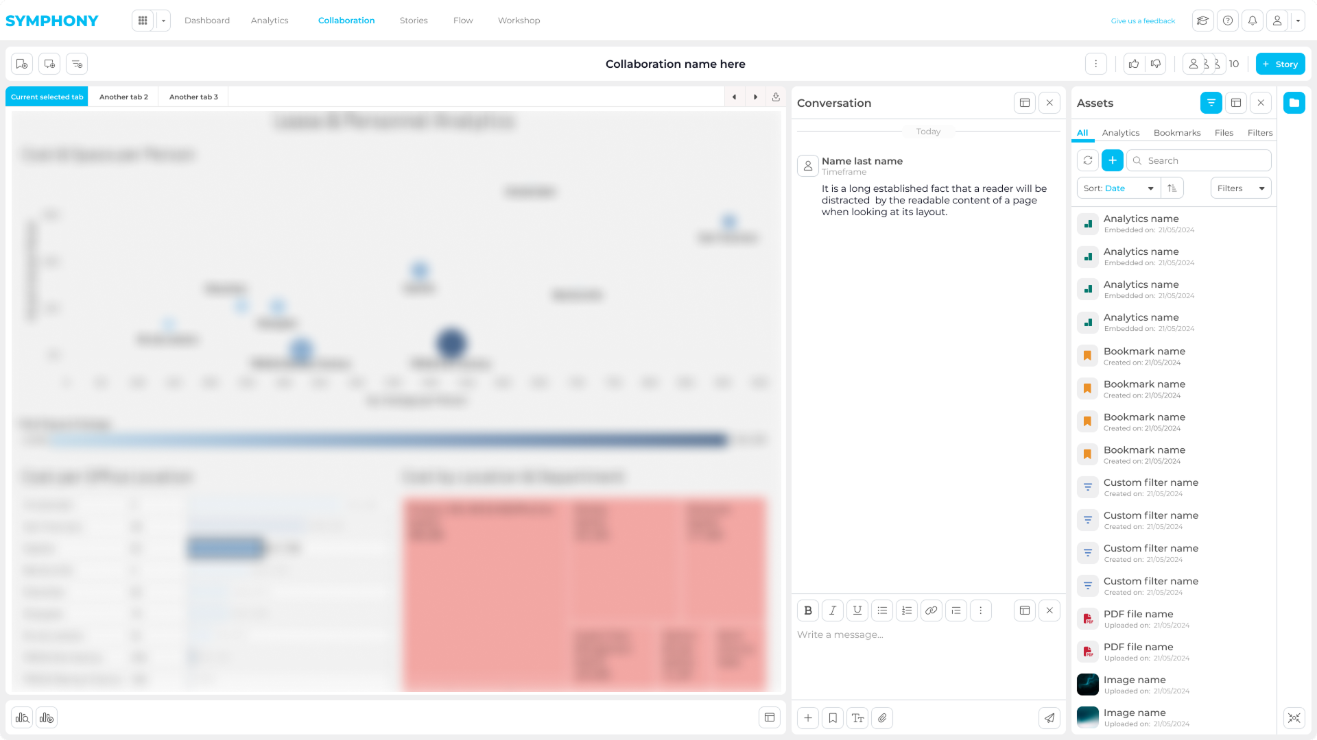 Symphony collaboration panel listing saved analytics assets and related review items