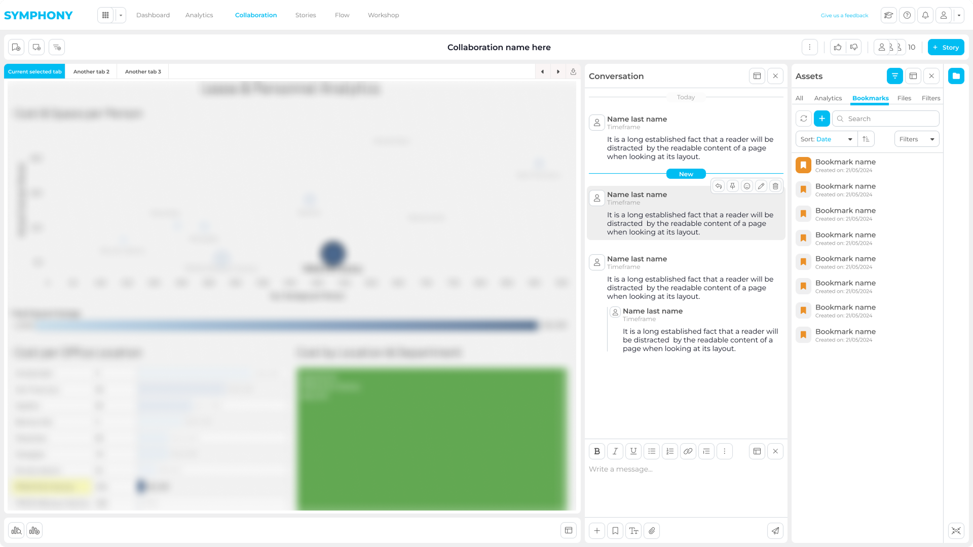 Symphony collaboration view with a saved bookmark applied to preserve the analysis state during review