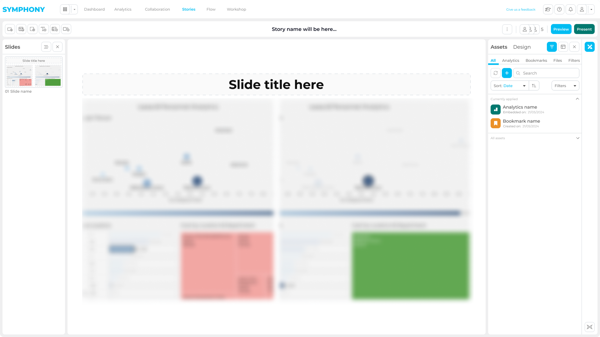 Symphony story builder with analytics assets applied into a structured narrative layout