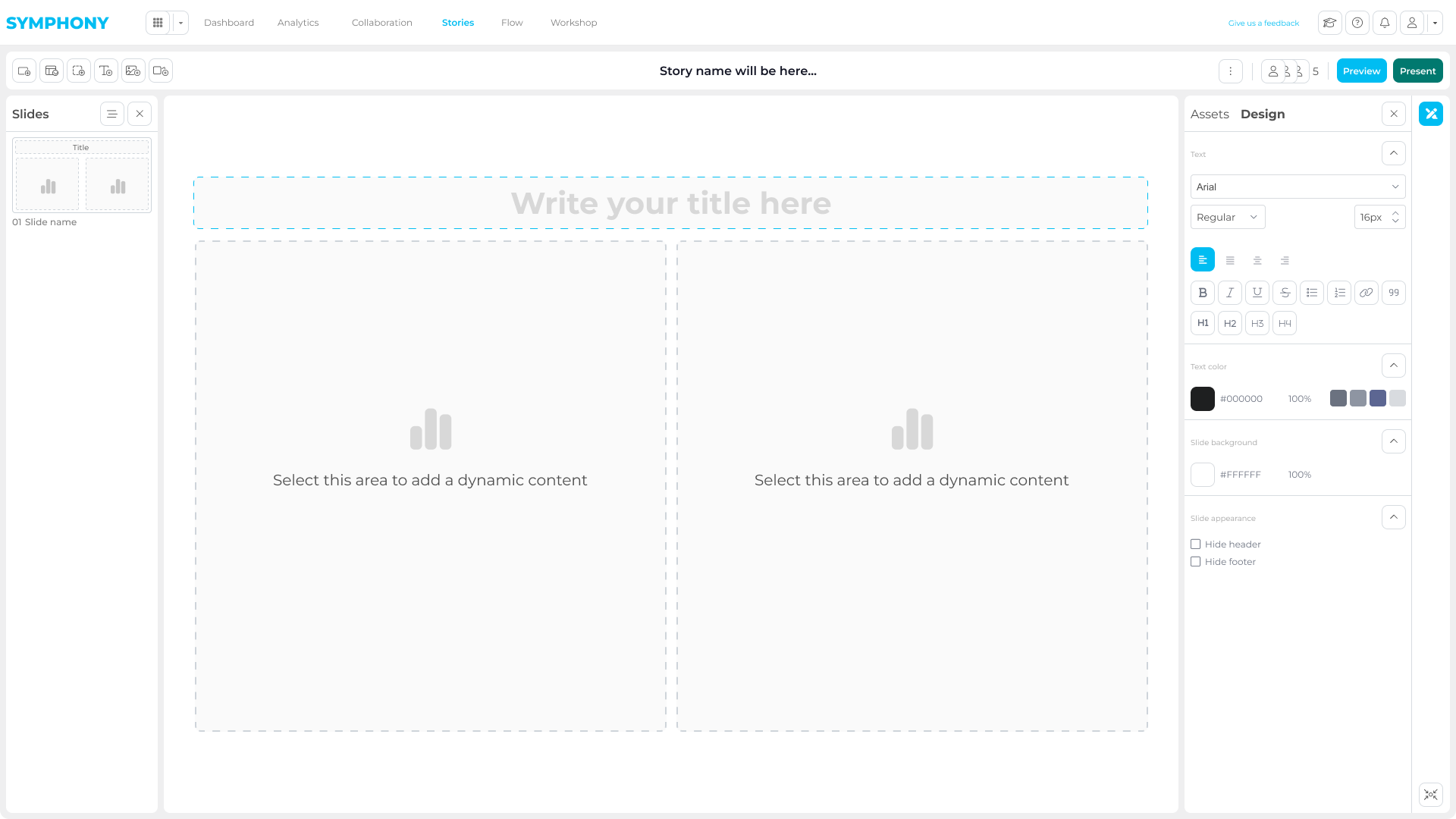 Symphony story editor with layout and styling controls for report composition