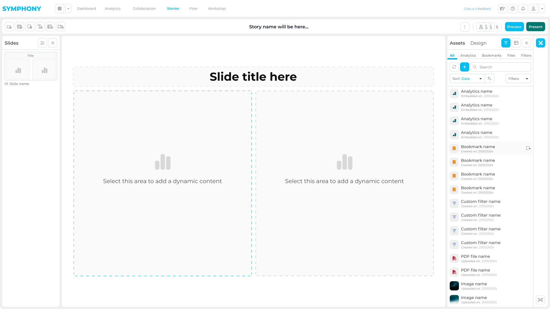 Symphony story workflow used to select analytics assets for a client-facing output