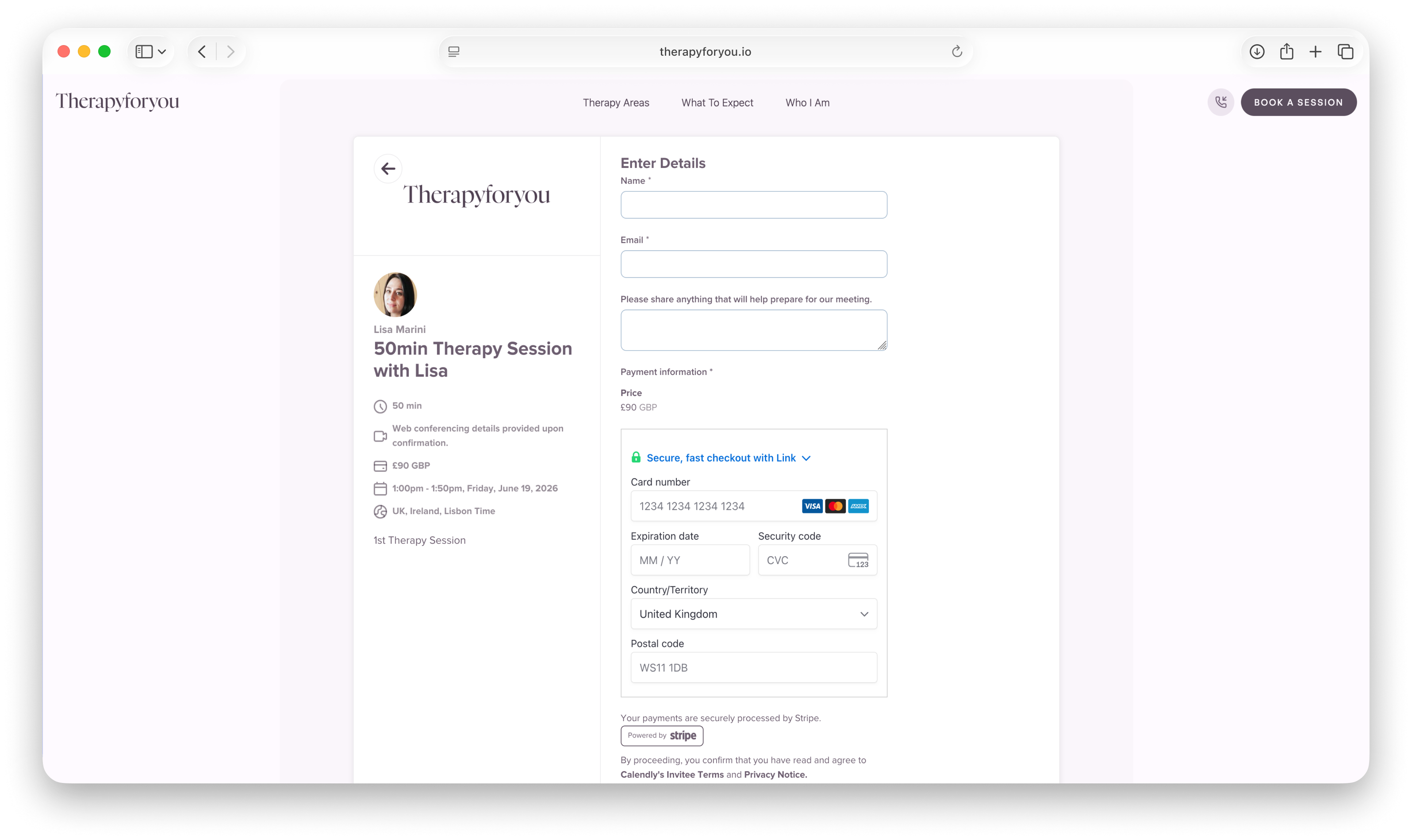 Therapyforyou booking experience showing embedded Calendly flow and direct booking fallback