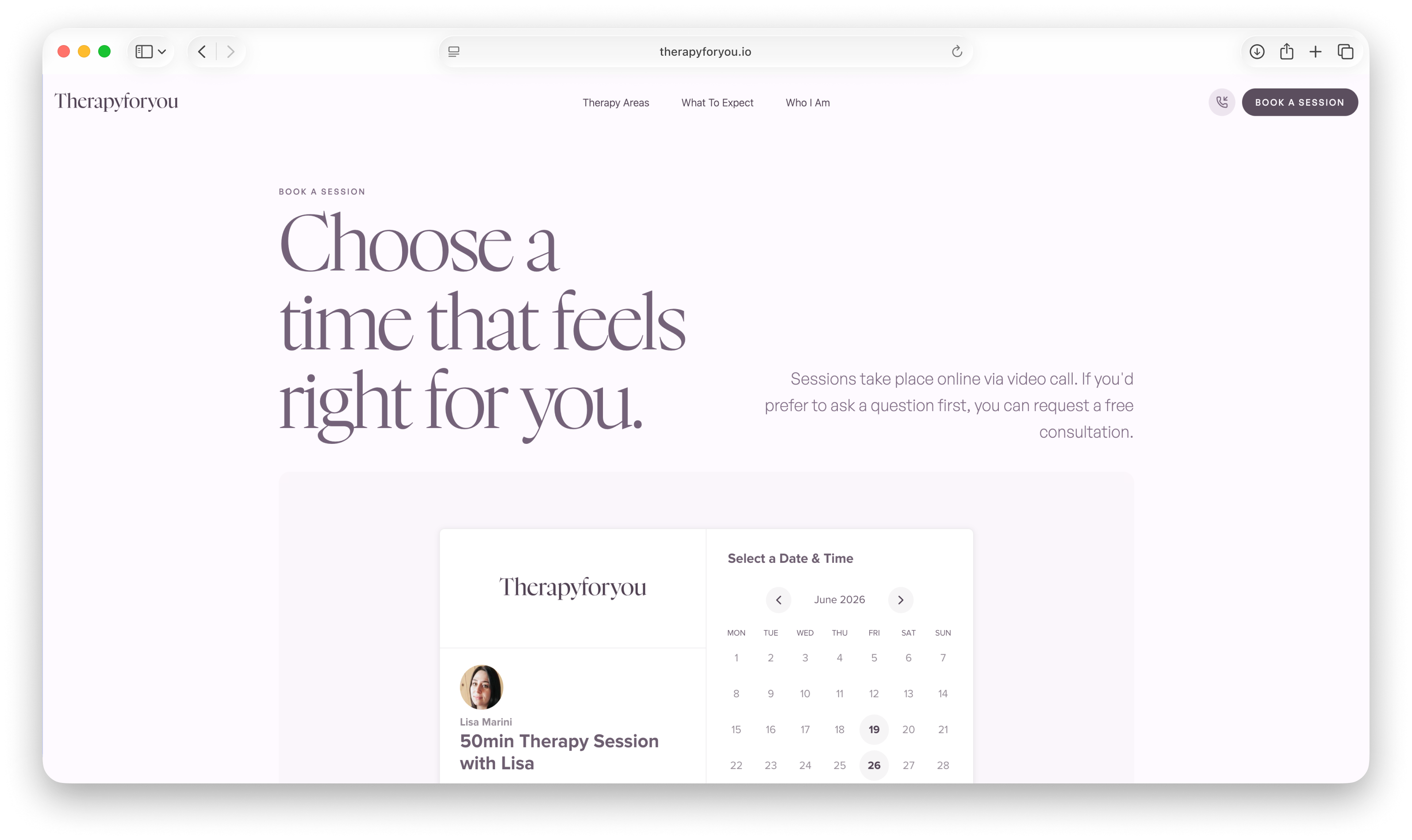 Therapyforyou booking experience showing embedded Calendly flow and direct booking fallback